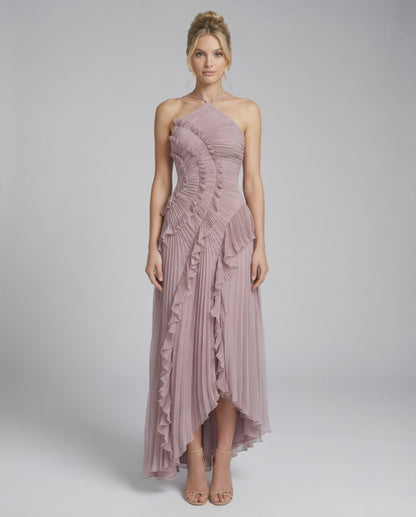 Celeste Maxi Dress by Lauven - Elegant pleated halter neck in dusty mauve with ruffle details.