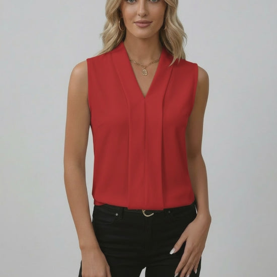 Sienna Top - Elegant sleeveless red V-neck top by Lauven, perfect for stylish day to evening transitions.