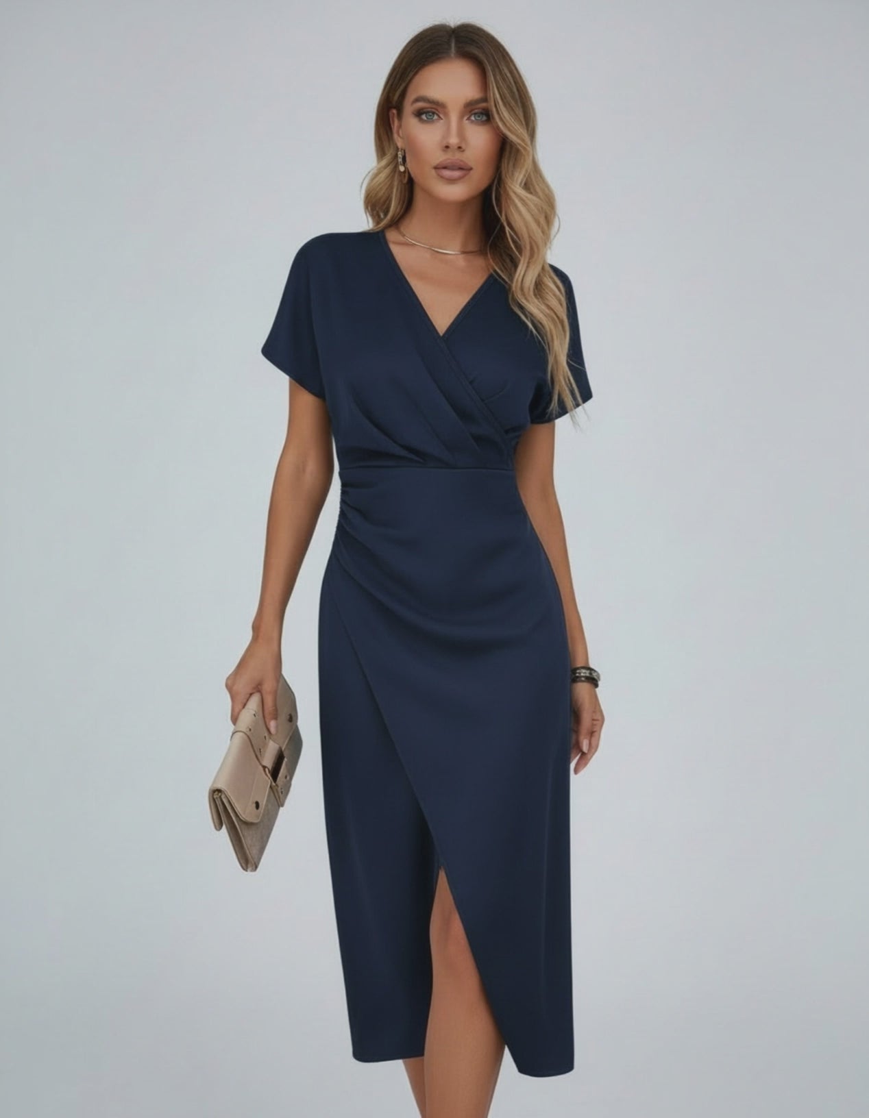 Neris Midi Dress by Lauven - Classic navy blue wrap dress with elegant silhouette and front slit.