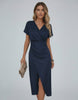 Neris Midi Dress by Lauven - Classic navy blue wrap dress with elegant silhouette and front slit.