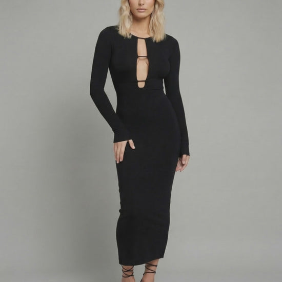 Celeste Midi Dress by Lauven – Sleek black ankle-length dress with hollow out detail for chic night events.