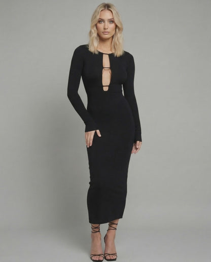 Celeste Midi Dress by Lauven – Sleek black ankle-length dress with hollow out detail for chic night events.
