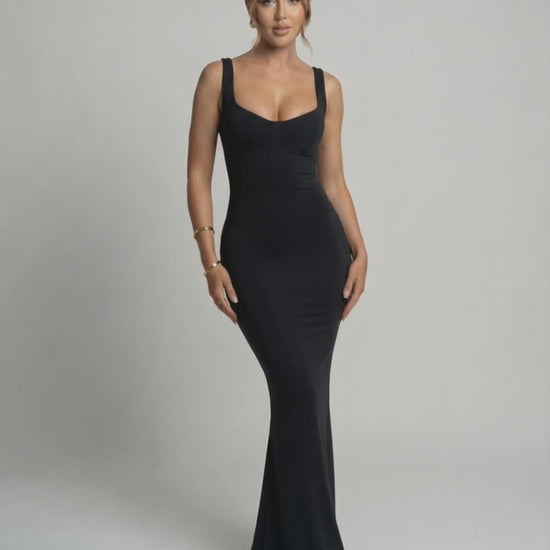 Selene Maxi Dress - Black slip silhouette, U-neck design, body-skimming finish by Lauven, elegant and minimalist.