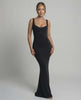 Selene Maxi Dress - Black slip silhouette, U-neck design, body-skimming finish by Lauven, elegant and minimalist.