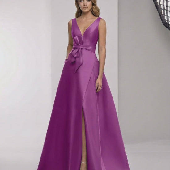 Veloura Maxi Dress - Purple Satin A-Line Dress with Wrap Slit and Bow Waist by Lauven, elegant and refined.
