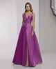 Veloura Maxi Dress - Purple Satin A-Line Dress with Wrap Slit and Bow Waist by Lauven, elegant and refined.