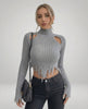 Vega Sweater by Lauven – Women's gray ribbed knit turtleneck sweater with cutout design and cropped hem.