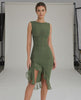 Elara Midi Dress – Green ruched dress with ruffle hem, sleeveless design, modern elegance, by Lauven.
