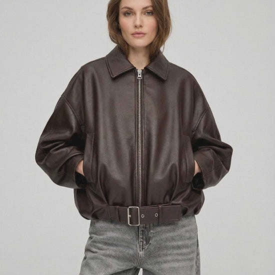 Brown Belted Jacket by Lauven - Women's oversized zip jacket with structured collar and leather-look texture.