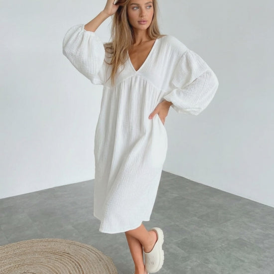 Sienna Midi Dress in white cotton, featuring puff sleeves for relaxed elegance, designed by Lauven.