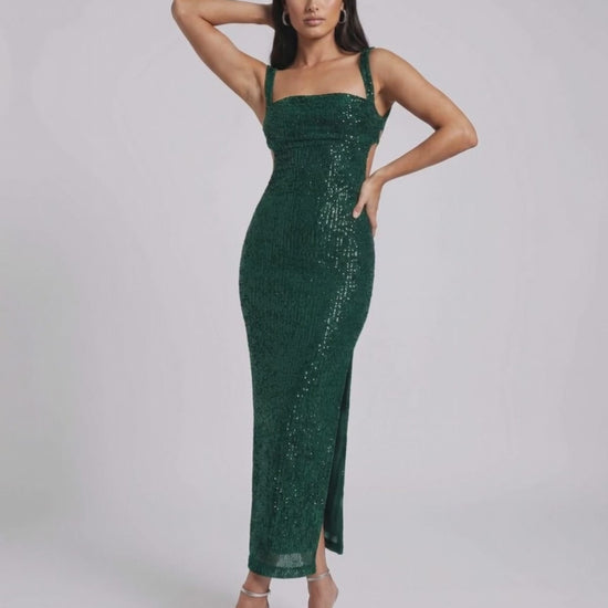Nara Midi Dress by Lauven in emerald green with sequined glamour, featuring a square neckline and crisscross back.