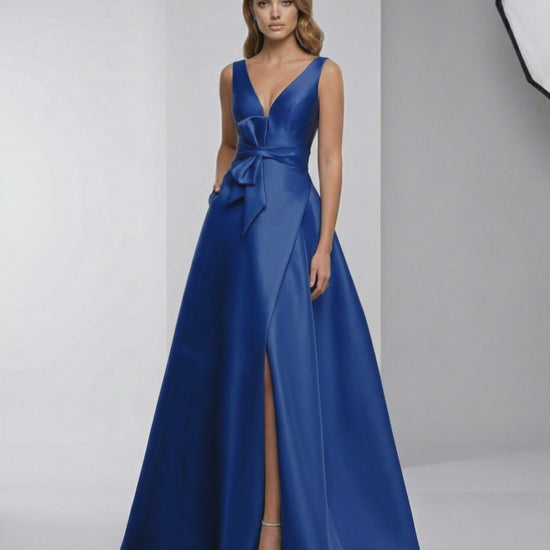 Sapphire Maxi Dress featuring a satin A-line silhouette, deep V-neckline, and elegant floor-length design by Lauven.