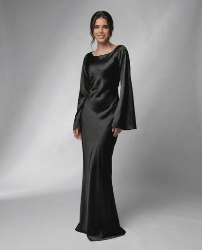 Liora Maxi Dress by Lauven featuring elegant bell sleeves and a luxurious satin fabric.