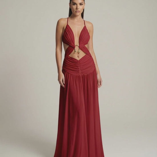 Roselle Maxi Dress in red with deep V-neck, cut-out details, and flowing silhouette by Lauven, perfect for elegant occasions.