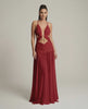 Roselle Maxi Dress in red with deep V-neck, cut-out details, and flowing silhouette by Lauven, perfect for elegant occasions.