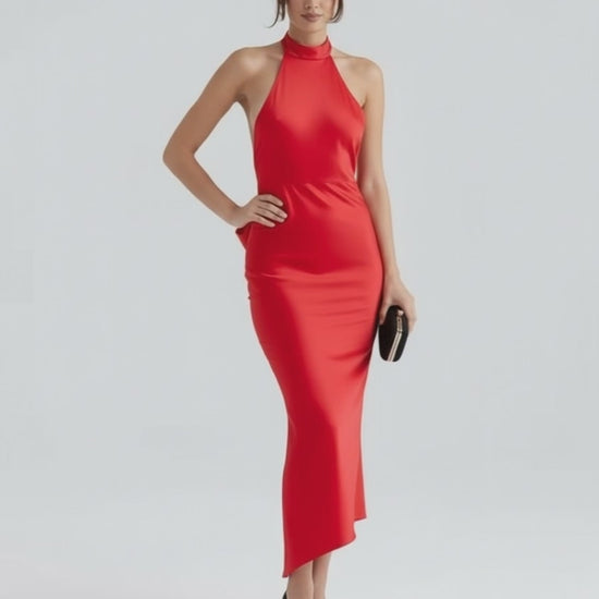 Celeste Maxi Dress by Lauven, elegant red satin evening gown with sleek silhouette and asymmetrical hemline.