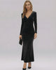 Noir Maxi Dress by Lauven, a luxurious black velvet gown with V-neckline and full-length sleeves.