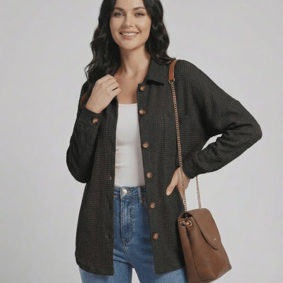 Milano Jacket by Lauven - Women's black waffle knit jacket with button front and casual fit.