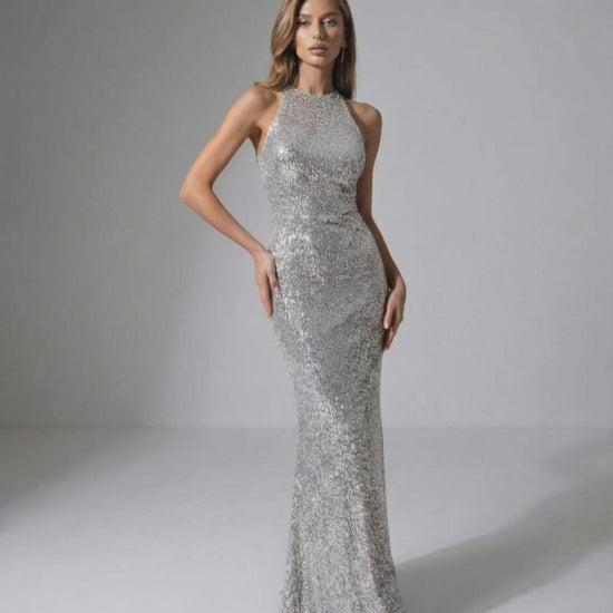 Celeste Maxi Dress - Silver Sequin Maxi Dress by Lauven with Halter Neck and Elegant Evening Silhouette