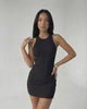 Sienna Mini Dress in Black Ribbed Knit, sleeveless bodycon dress by Lauven, sleek modern style with textured finish.