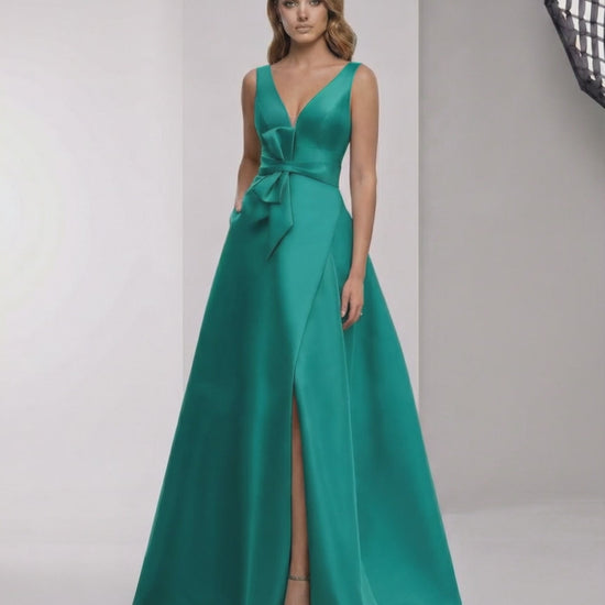 Elaria Maxi Dress - Green Satin A-Line with Wrap Slit and Bow Waist, elegant evening wear by Lauven.