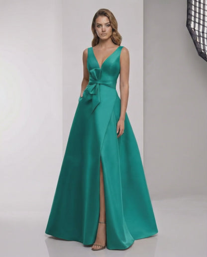 Elaria Maxi Dress - Green Satin A-Line with Wrap Slit and Bow Waist, elegant evening wear by Lauven.