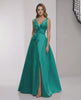 Elaria Maxi Dress - Green Satin A-Line with Wrap Slit and Bow Waist, elegant evening wear by Lauven.