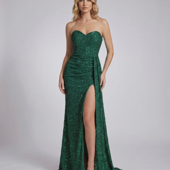 Elaris Maxi Dress, emerald green sequin, strapless, bodycon silhouette, Lauven brand