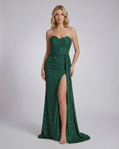 Elaris Maxi Dress, emerald green sequin, strapless, bodycon silhouette, Lauven brand