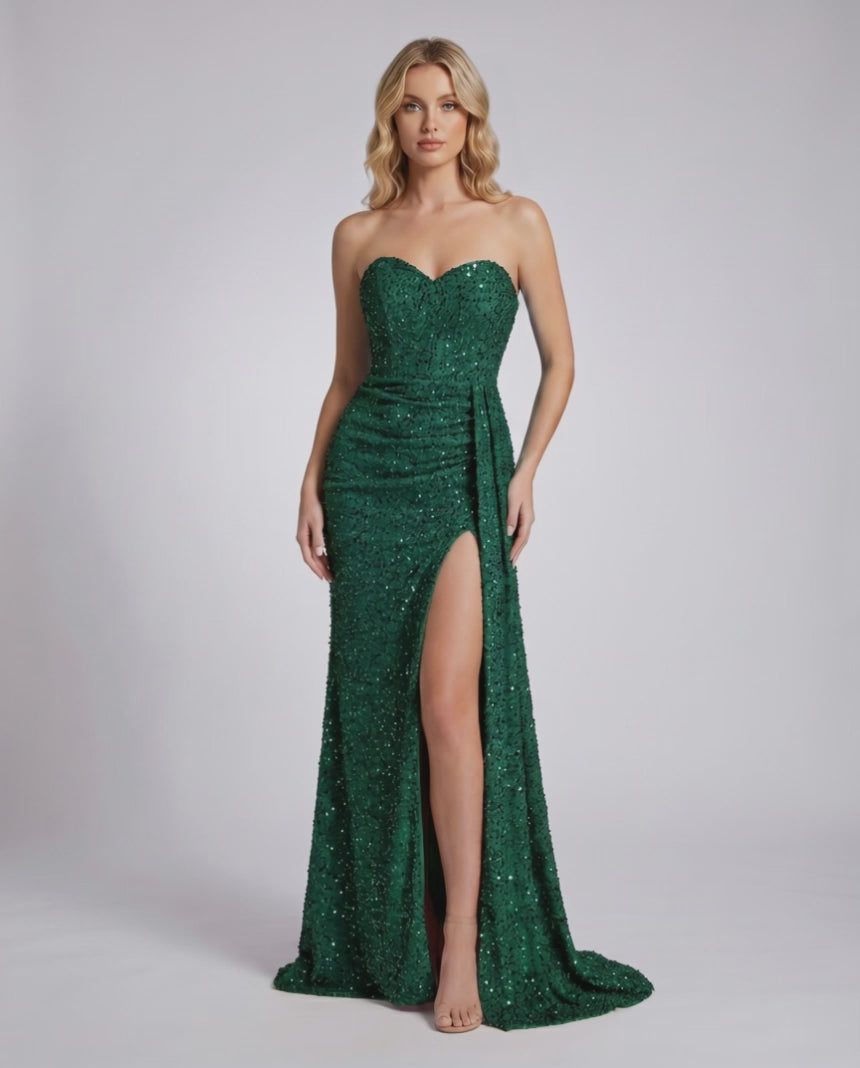 Elaris Maxi Dress, emerald green sequin, strapless, bodycon silhouette, Lauven brand