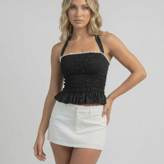 Luna Top by Lauven - Women's halter polka dot ruffle top in black, perfect for day-to-night styling.