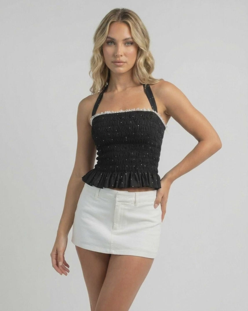 Luna Top by Lauven - Women's halter polka dot ruffle top in black, perfect for day-to-night styling.