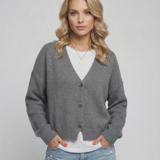 Slate Cardigan by Lauven - Classic grey knitwear with a relaxed fit and stylish design.