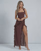 Lauven Celeste Maxi Dress - elegant brown sheer ruffle maxi dress with draped waistline and ruffled straps.