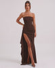 Solenne Maxi Dress featuring a strapless design, dramatic side slit, and luxurious brown fabric by Lauven.