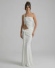 Elara Maxi Dress featuring asymmetrical draping, backless design, and elegant silhouette by Lauven.