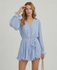 Serena Mini Dress by Lauven in soft sky blue pleated chiffon with feminine details and flowing silhouette.