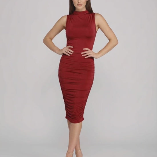 Lauven Ember Midi Dress in red, featuring sophisticated ruched knit and mock neck design.