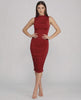 Lauven Ember Midi Dress in red, featuring sophisticated ruched knit and mock neck design.