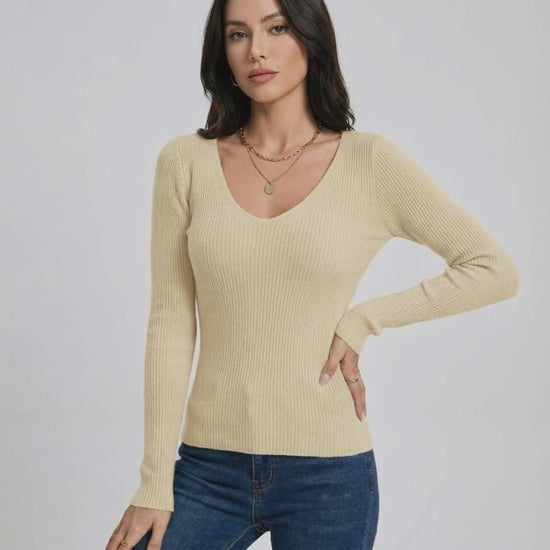 Valencia Pullover by Lauven - Women's V-Neck Slim Fit Sweater in beige with long sleeves.