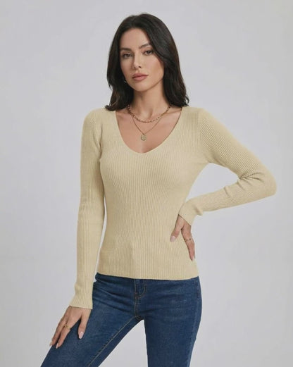 Valencia Pullover by Lauven - Women's V-Neck Slim Fit Sweater in beige with long sleeves.