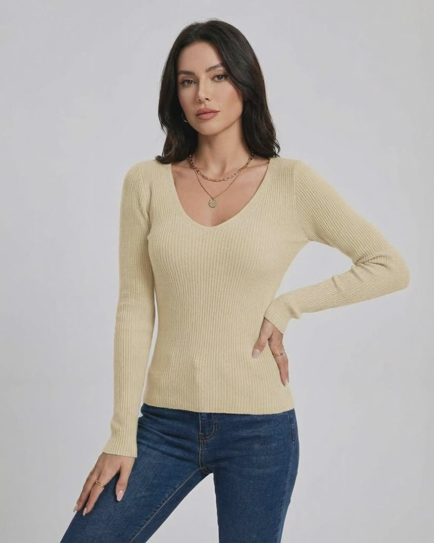 Valencia Pullover by Lauven - Women's V-Neck Slim Fit Sweater in beige with long sleeves.