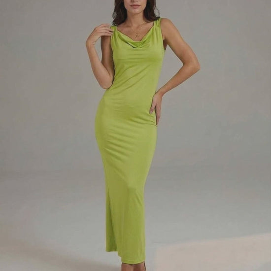 Luna Maxi Dress showcasing sleek lime green satin fabric, flattering cowl neckline, by Lauven for modern elegance.