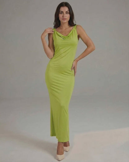 Luna Maxi Dress showcasing sleek lime green satin fabric, flattering cowl neckline, by Lauven for modern elegance.