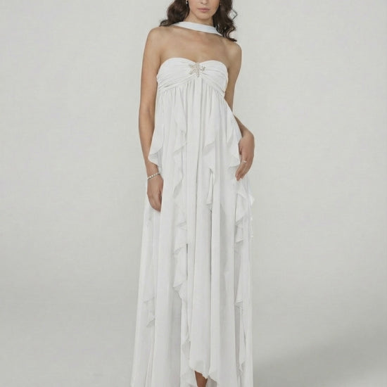 Clariona Maxi Dress by Lauven – Strapless ankle-length gown with ruffle detail for elegant occasions.