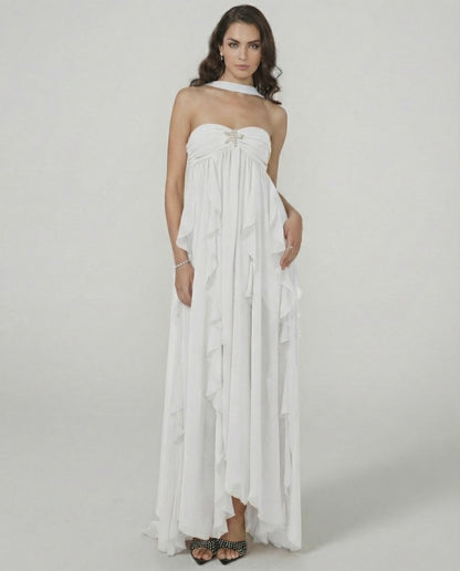 Clariona Maxi Dress by Lauven – Strapless ankle-length gown with ruffle detail for elegant occasions.