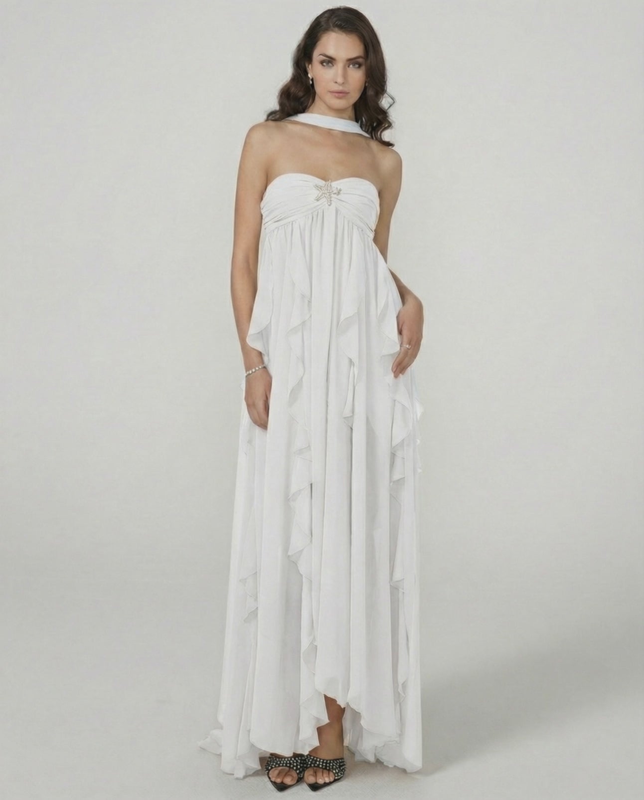 Clariona Maxi Dress by Lauven – Strapless ankle-length gown with ruffle detail for elegant occasions.