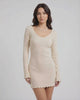 Liora Mini Dress in soft cream, ribbed knit, V-neck, slim fit, by Lauven, showcasing modern elegance and comfort.