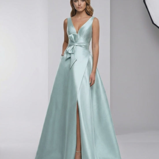 Seraphine Maxi Dress, mint green satin A-Line, V-neck, floor-length, elegant design by Lauven.