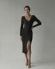 Model wearing the Lauven Luna Midi Dress, an elegant ribbed knit V-neck pencil dress in black.